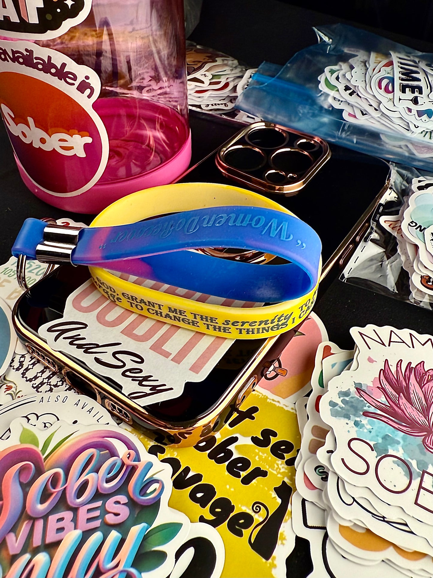 Yellow Slow Down “Serenity Prayer” Band for Her Includes Women Do Recover Reversible Sober Princess Keychain & Recovery Motivational Quote and God Phone & Water-Bottle Stickers