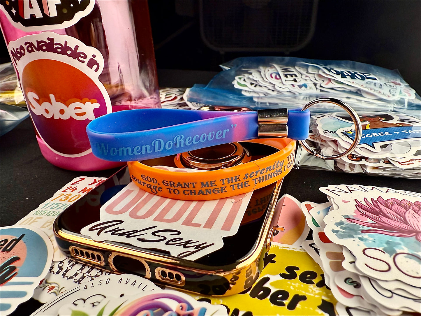 Twist of Orange “Serenity Prayer” Band for Her Including Reversible Women Do Recover Sober Princess Keychain and Recovery Based Motivational Quotes And Spirituality Phone and Water-Bottle Stickers.