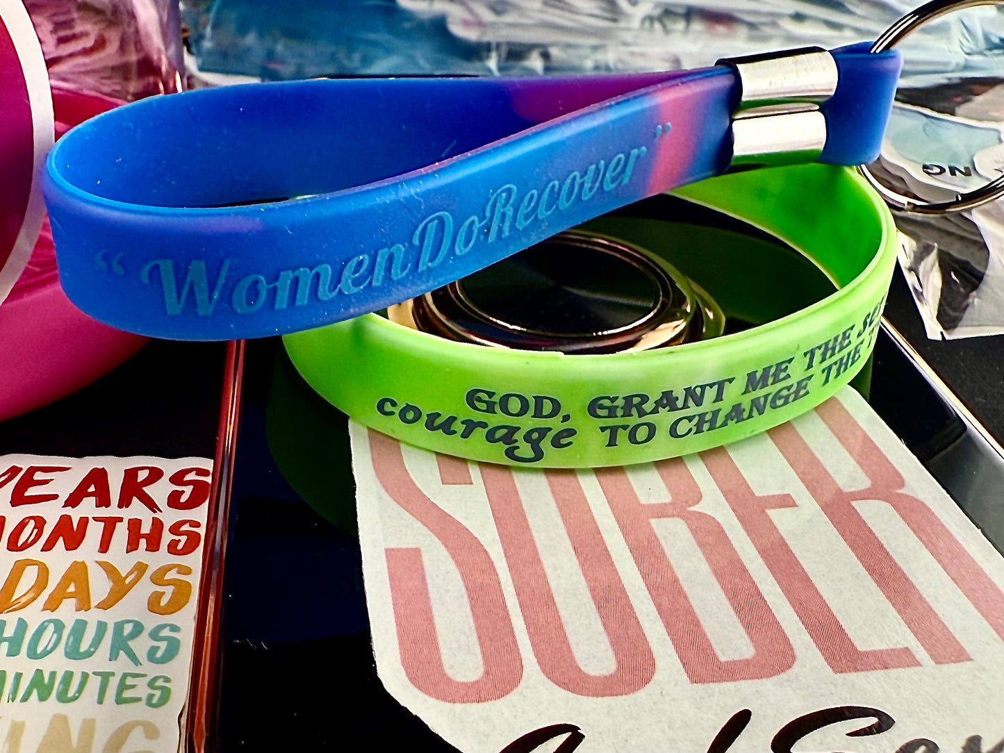 Mystic Green “Serenity Prayer” Band Including Reversible 'Women Do Recover/Sober Princess Keychain with Recovery Based Spiritual and Motivational Phone & Water-Bottle Stickers.