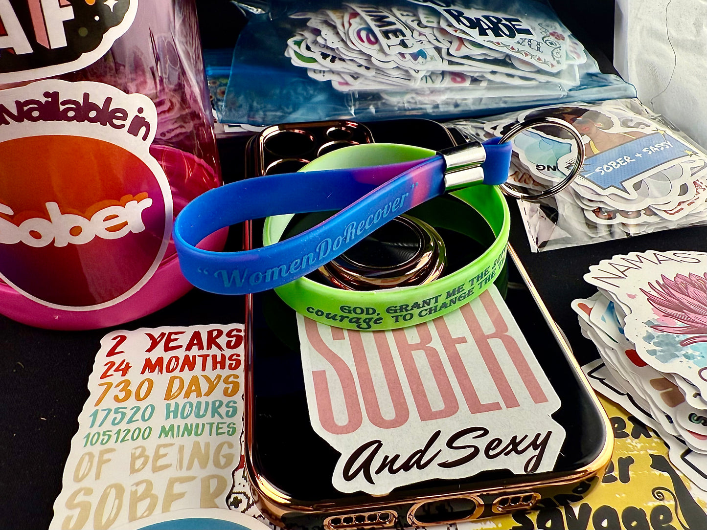 Mystic Green “Serenity Prayer” Band Including Reversible 'Women Do Recover/Sober Princess Keychain with Recovery Based Spiritual and Motivational Phone & Water-Bottle Stickers.