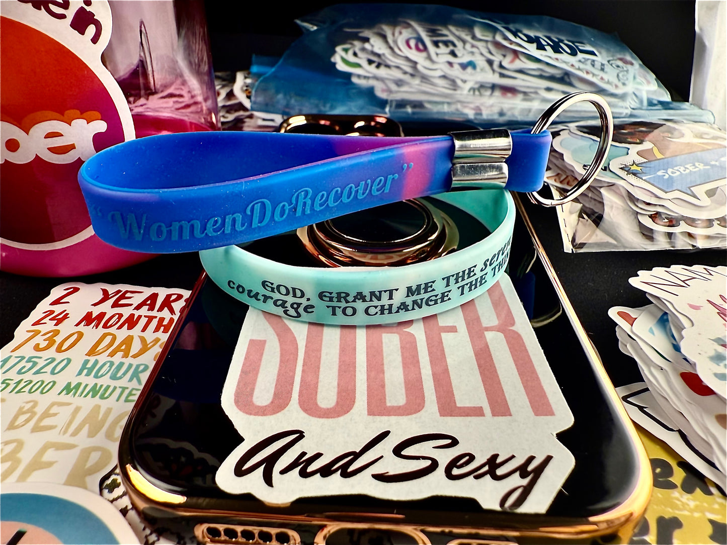 Twisted Sky Blue For Her “Serenity Prayer Band Women do Recover Reversible/Sober Princess Keychain & Recovery Stickers
