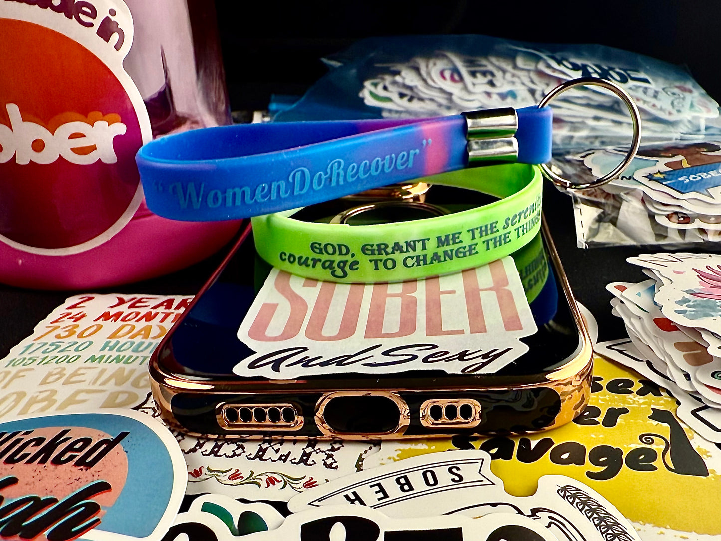 Mystic Green “Serenity Prayer” Band Including Reversible 'Women Do Recover/Sober Princess Keychain with Recovery Based Spiritual and Motivational Phone & Water-Bottle Stickers.