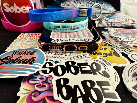 Twisted Sky Blue For Her “Serenity Prayer Band Women do Recover Reversible/Sober Princess Keychain & Recovery Stickers