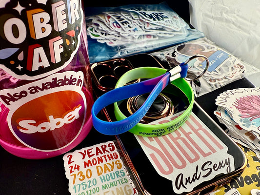 Mystic Green “Serenity Prayer” Band Including Reversible 'Women Do Recover/Sober Princess Keychain with Recovery Based Spiritual and Motivational Phone & Water-Bottle Stickers.
