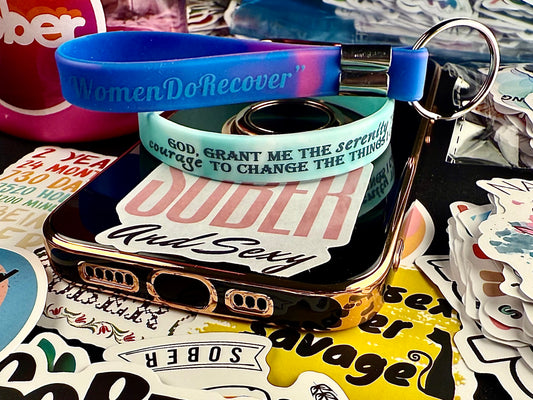 Twisted Sky Blue For Her “Serenity Prayer Band Women do Recover Reversible/Sober Princess Keychain & Recovery Stickers