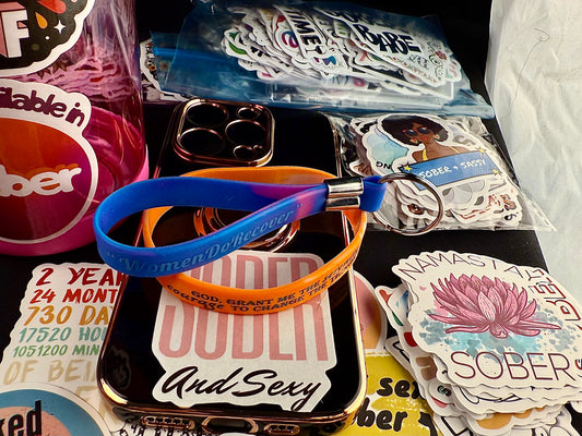 Twist of Orange “Serenity Prayer” Band for Her Including Reversible Women Do Recover Sober Princess Keychain and Recovery Based Motivational Quotes And Spirituality Phone and Water-Bottle Stickers.