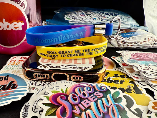 Yellow Slow Down “Serenity Prayer” Band for Her Includes Women Do Recover Reversible Sober Princess Keychain & Recovery Motivational Quote and God Phone & Water-Bottle Stickers