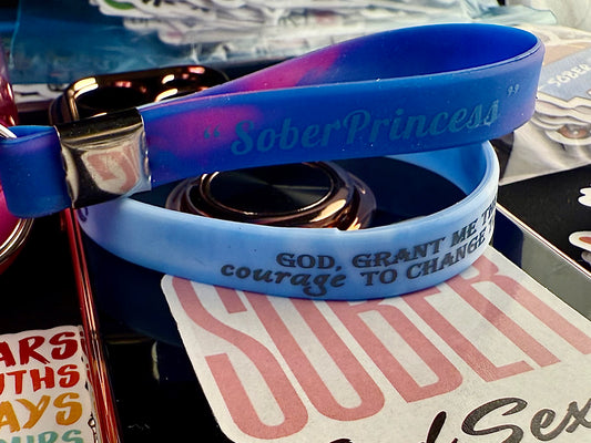 Her Blue “Serenity Prayer” Band W/Reversible "Women Do Recover, Sober Princess Keychain & Stickers