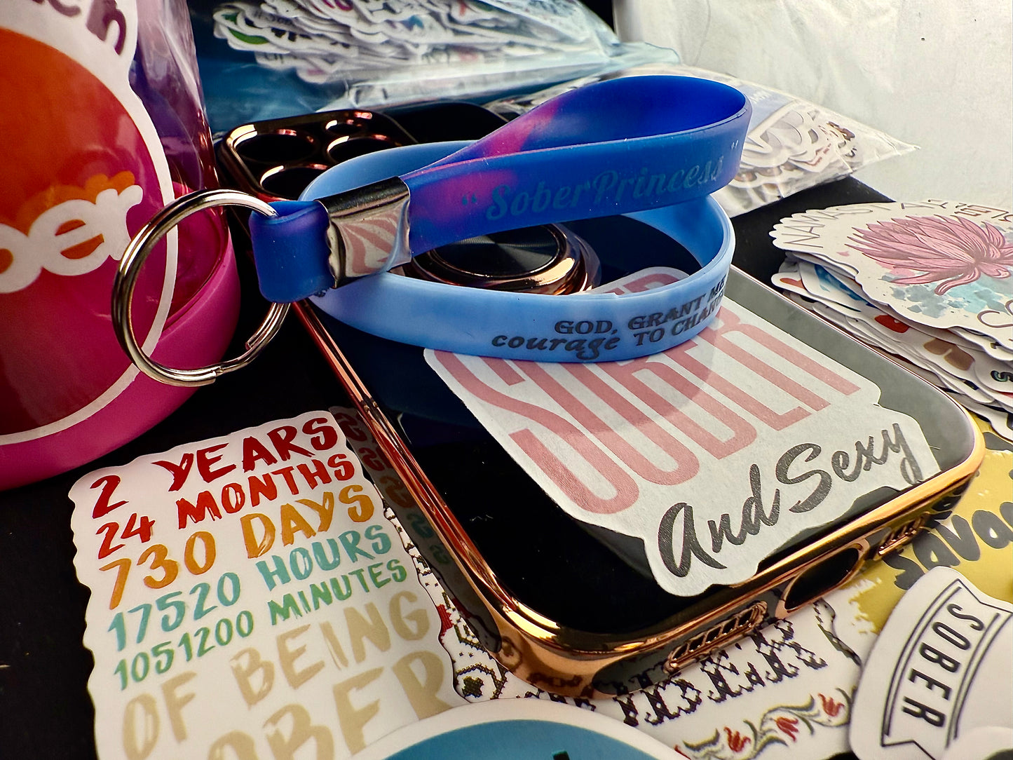 Her Blue “Serenity Prayer” Band W/Reversible "Women Do Recover, Sober Princess Keychain & Stickers