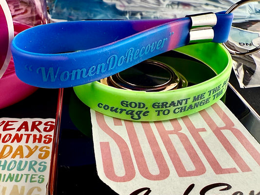 Mystic Green “Serenity Prayer” Band Including Reversible 'Women Do Recover/Sober Princess Keychain with Recovery Based Spiritual and Motivational Phone & Water-Bottle Stickers.