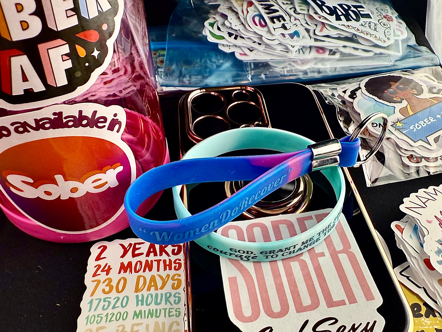 Twisted Sky Blue For Her “Serenity Prayer Band Women do Recover Reversible/Sober Princess Keychain & Recovery Stickers