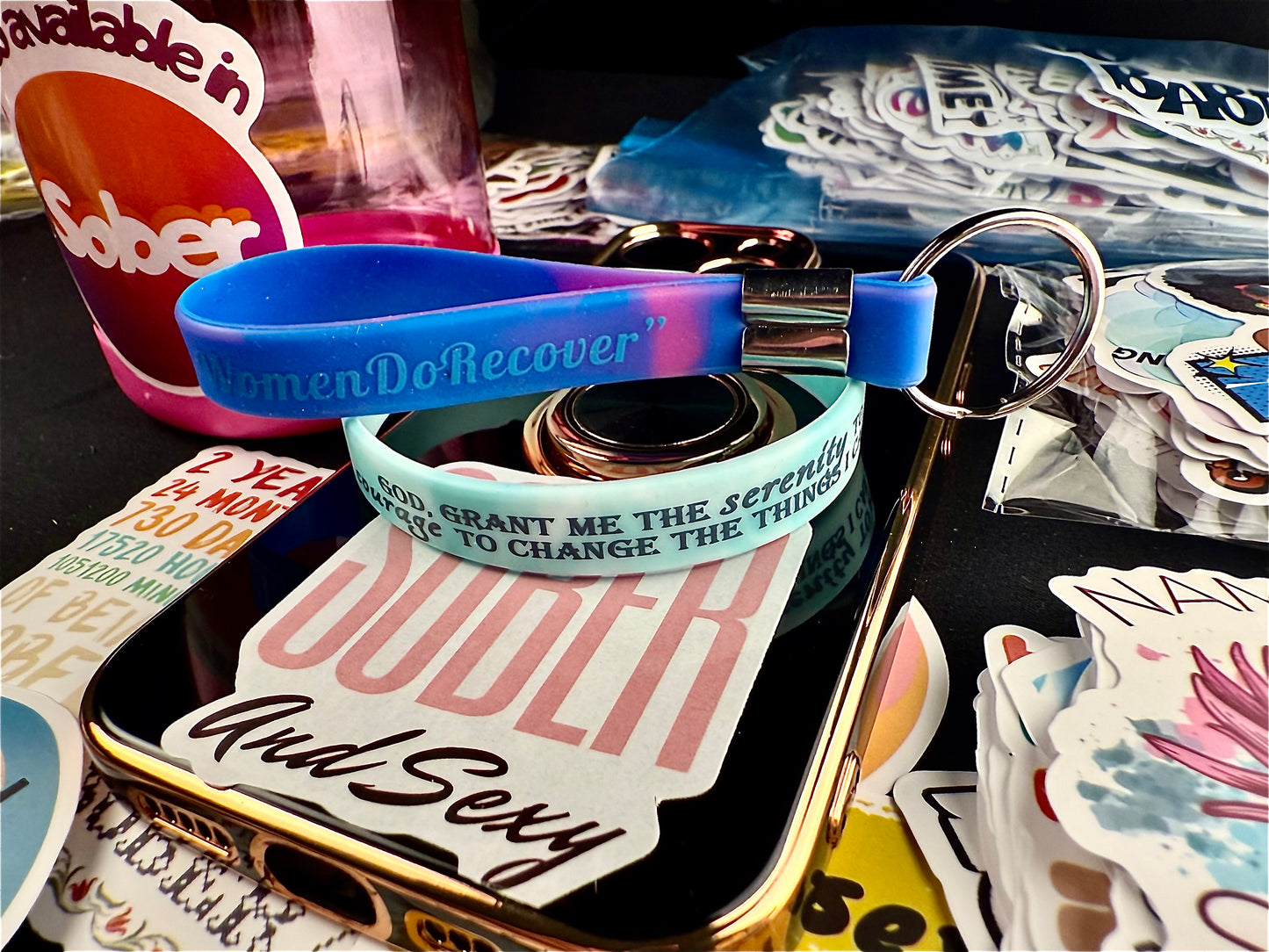 Twisted Sky Blue For Her “Serenity Prayer Band Women do Recover Reversible/Sober Princess Keychain & Recovery Stickers