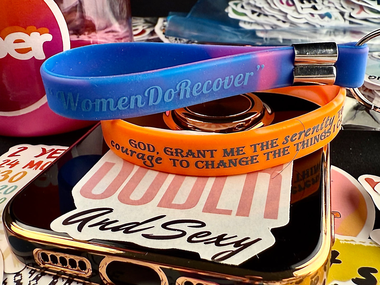 Twist of Orange “Serenity Prayer” Band for Her Including Reversible Women Do Recover Sober Princess Keychain and Recovery Based Motivational Quotes And Spirituality Phone and Water-Bottle Stickers.