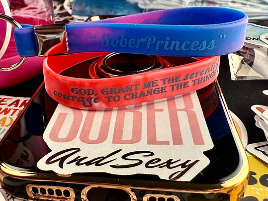 “Hot Red Pinked Out” Serenity Prayer Band W/Women Do Recover Sober Princess Keychain & Recovery/Motivational Skickers👸🙏🏻📘