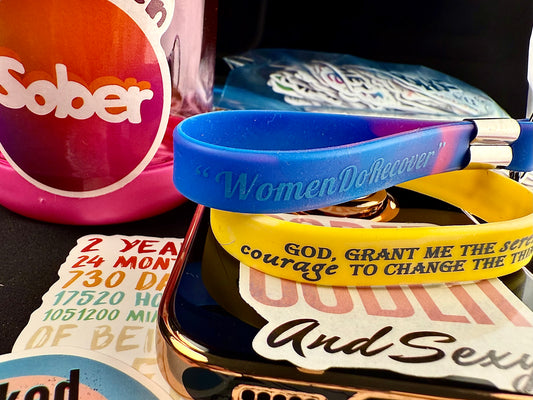 Yellow Slow Down “Serenity Prayer” Band for Her Includes Women Do Recover Reversible Sober Princess Keychain & Recovery Motivational Quote and God Phone & Water-Bottle Stickers