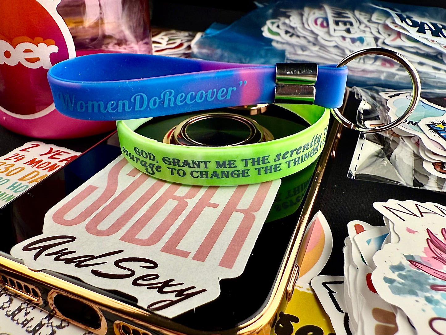 Mystic Green “Serenity Prayer” Band Including Reversible 'Women Do Recover/Sober Princess Keychain with Recovery Based Spiritual and Motivational Phone & Water-Bottle Stickers.